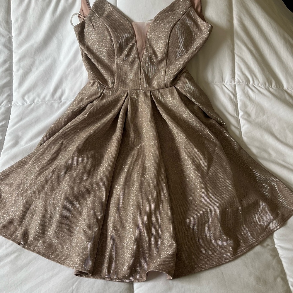 Macy's Tan Ruched Fit and Flare Prom Dress